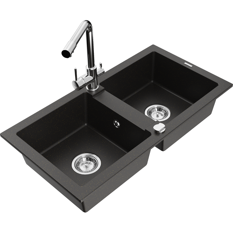 Mexen Mario Doppelkammer Granitspüle mit Küchenarmatur Duero, schwarz/gold metallic - 6504-75-671600-00