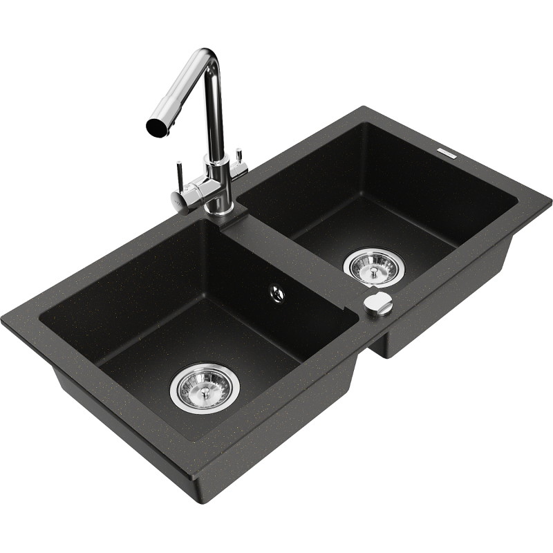 Mexen Mario granitspüle mit 2 Kammern und Küchenarmatur Duero, schwarz/goldmetallic - 6504-75-671600-00