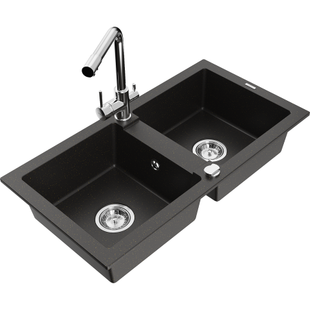Mexen Mario granitspüle 2-becken mit küchenarmatur Duero, schwarz/gold metallic - 6504-75-671600-00