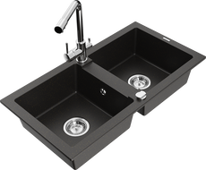 Mexen Mario Doppelkammer Granitspüle mit Küchenarmatur Duero, schwarz/gold metallic - 6504-75-671600-00
