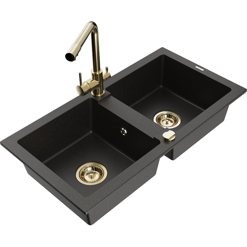 Mexen Mario Granitspüle 2-Becken mit Küchenarmatur Duero, schwarz/gold metallic - 6504-75-671600-50