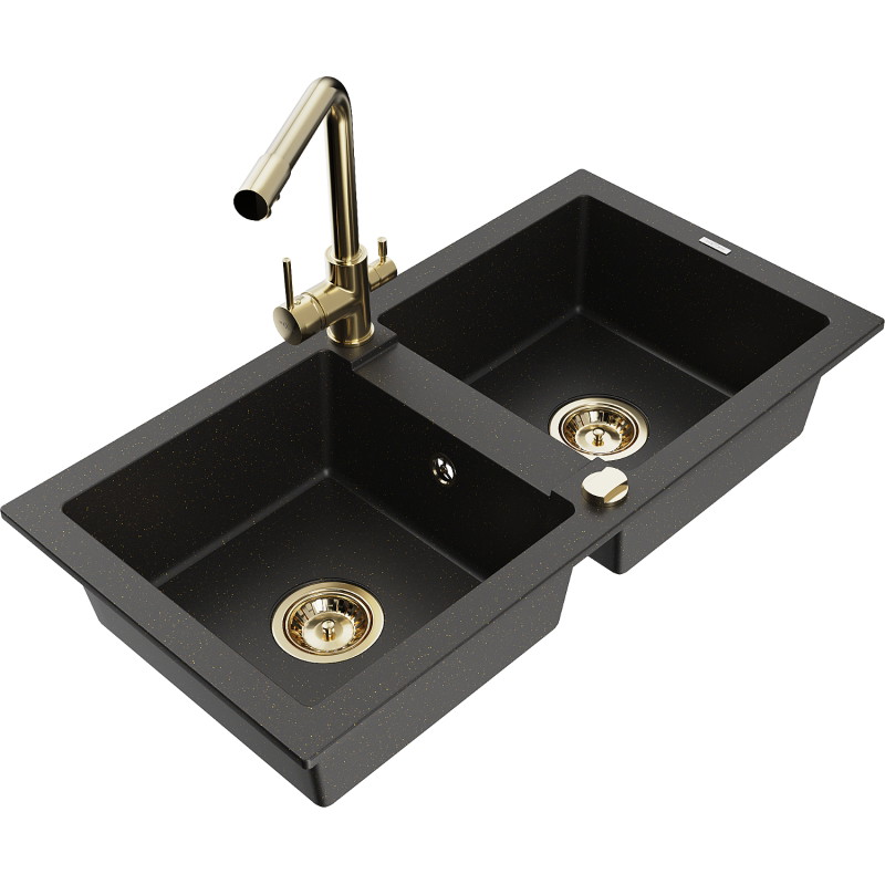 Mexen Mario Granitspüle 2-Kammer mit Küchenarmatur Duero, schwarz/gold metallic - 6504-75-671600-50