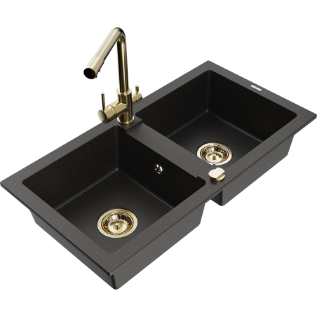 Mexen Mario Granitspüle 2-Becken mit Küchenarmatur Duero, schwarz/gold metallic - 6504-75-671600-50