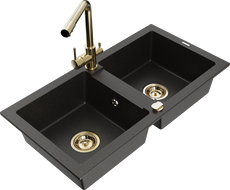 Mexen Mario Granitspüle 2-Becken mit Küchenarmatur Duero, schwarz/gold metallic - 6504-75-671600-50