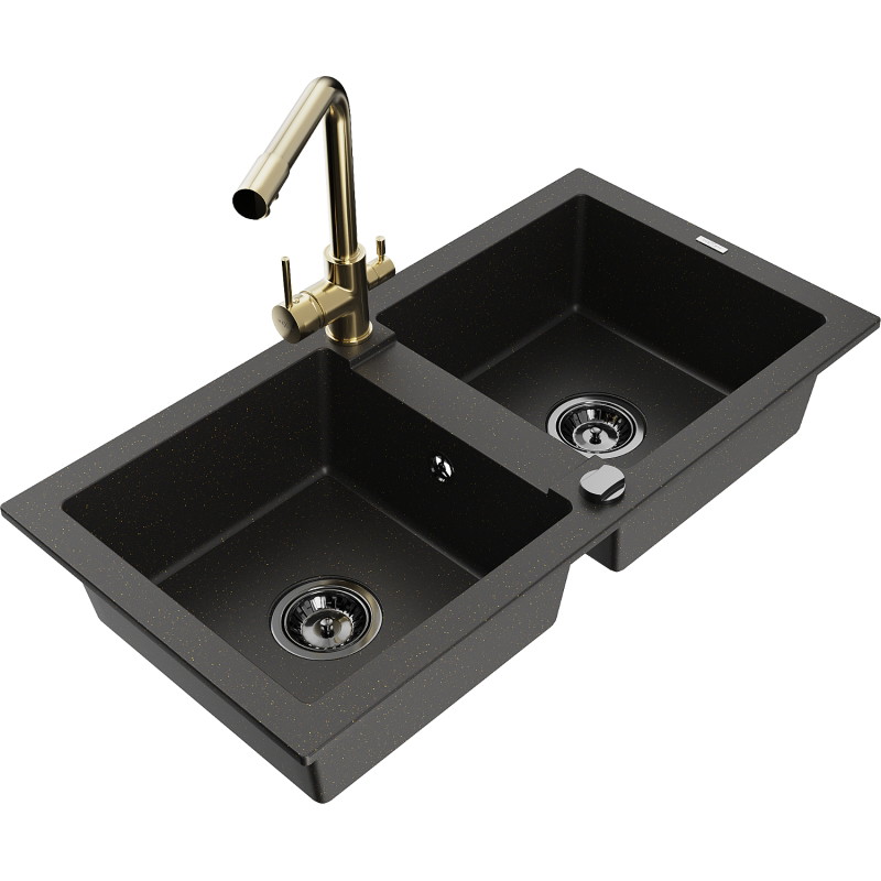 Mexen Mario 2-Kammer-Granits Spüle mit Küchenarmatur Duero, schwarz/goldener Metallik - 6504-75-671600-50-B