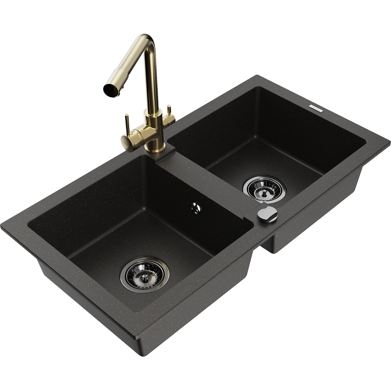 Mexen Mario Granitspüle 2-Kammer mit Küchenarmatur Duero, Schwarz/Gold Metallic - 6504-75-671600-50-B
