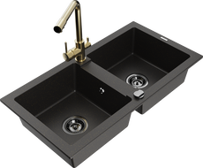 Mexen Mario Granitspüle 2-Kammer mit Küchenarmatur Duero, Schwarz/Gold Metallic - 6504-75-671600-50-B