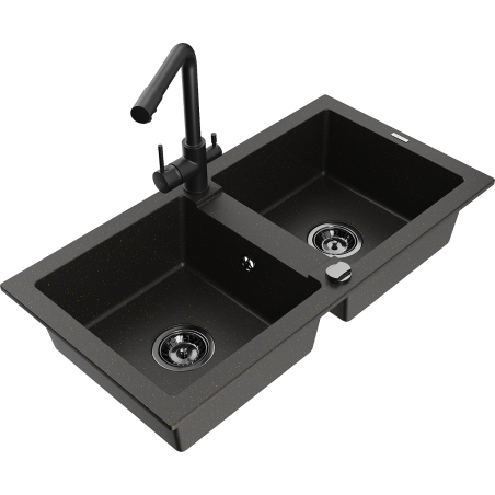 Mexen Mario Granitspüle mit 2 Becken und Küchenarmatur Duero, schwarz/goldener Metallic - 6504-75-671600-70-B