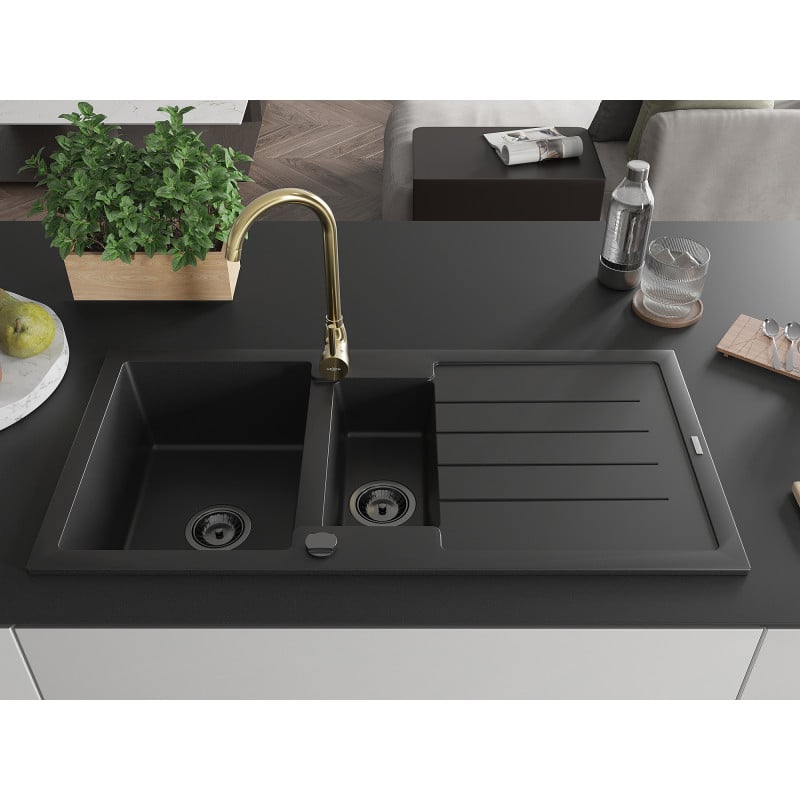Mexen Andres Granit-Spüle 1,5-fach mit Abtropffläche und Küchenarmatur Telma, schwarz - 6515-77-670200-50-B