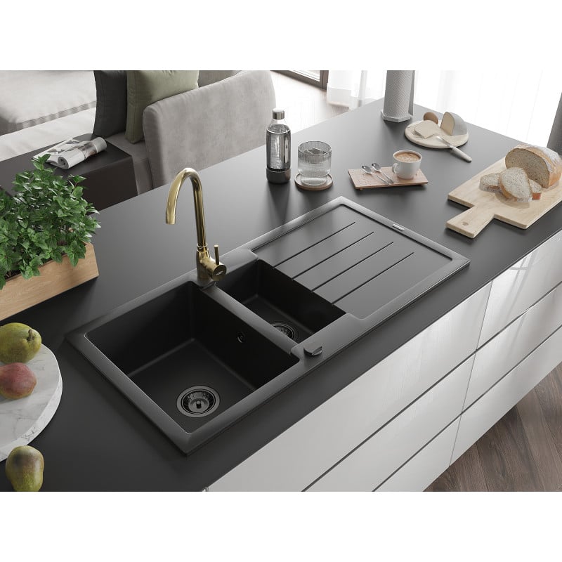 Mexen Andres Granit-Spüle 1,5-fach mit Abtropffläche und Küchenarmatur Telma, schwarz - 6515-77-670200-50-B
