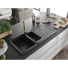Mexen Andres Granit-Spüle 1,5-fach mit Abtropffläche und Küchenarmatur Telma, schwarz - 6515-77-670200-50-B