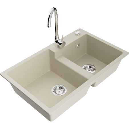 Mexen Tomas Granitspüle 2-fach mit Küchenarmatur Telma, beige - 6516-69-670200-00
