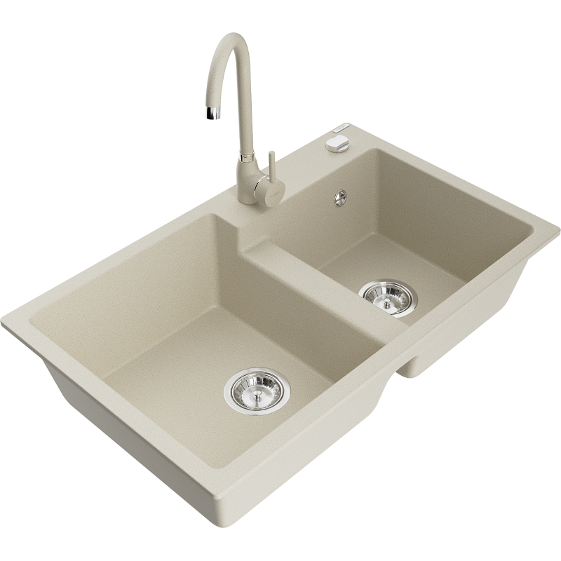 Mexen Tomas Granitspüle 2-beckig mit Küchenarmatur Telma, beige - 6516-69-670200-69