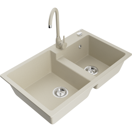 Mexen Tomas Granitspüle 2-beckig mit Küchenarmatur Telma, beige - 6516-69-670200-69