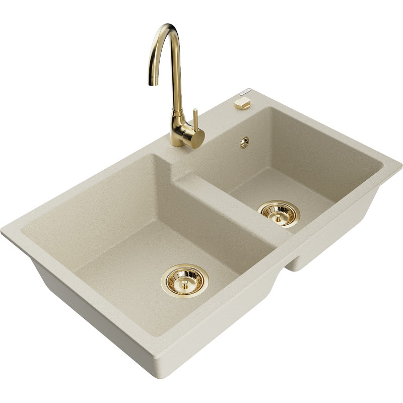 Mexen Tomas 2-Kammer Granitspüle mit Küchenarmatur Telma, beige - 6516-69-670200-50