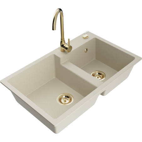 Mexen Tomas Granitspüle 2-Kammer mit Küchenarmatur Telma, beige - 6516-69-670200-50
