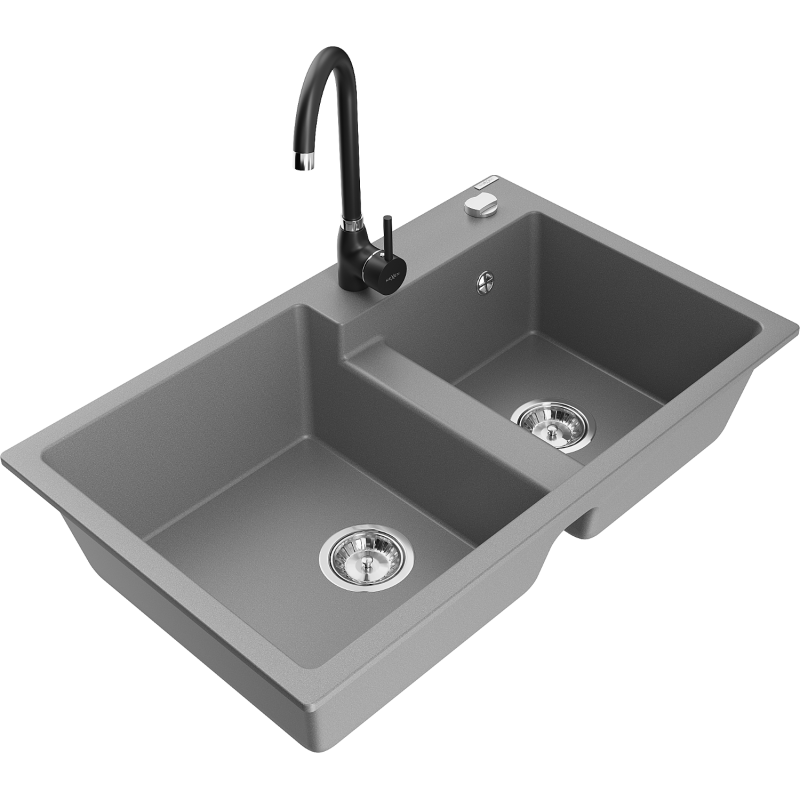 Mexen Tomas Granitspüle 2-beckig mit Küchenarmatur Telma, grau - 6516-71-670200-70