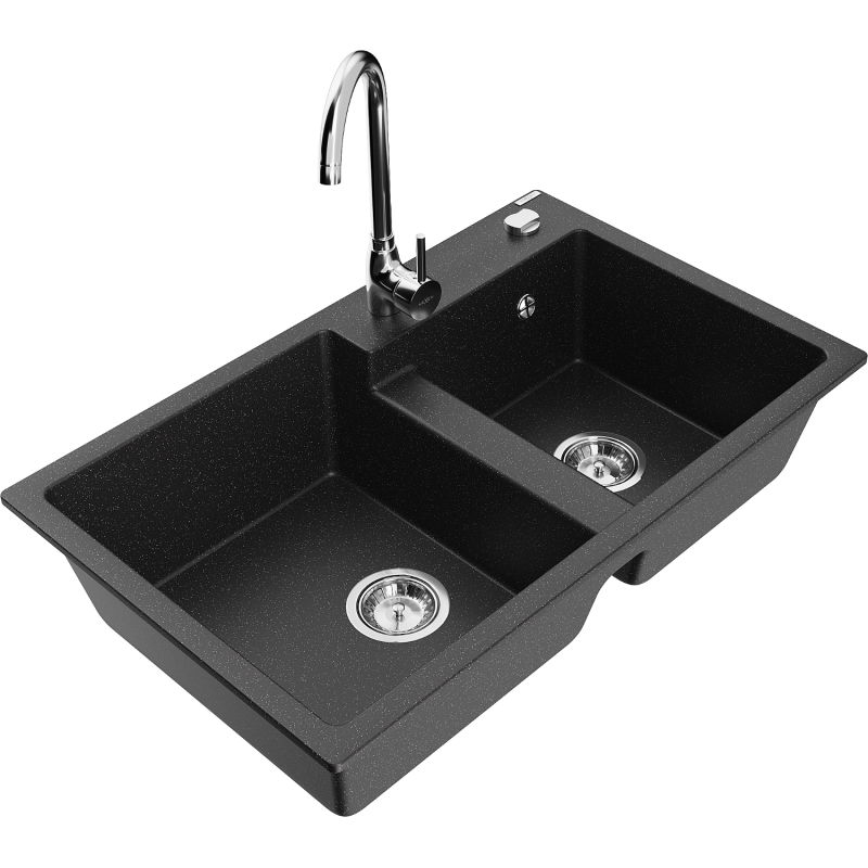 Mexen Tomas Granitspüle 2-beckig mit Küchenarmatur Telma, schwarz/silber metallic - 6516-73-670200-00