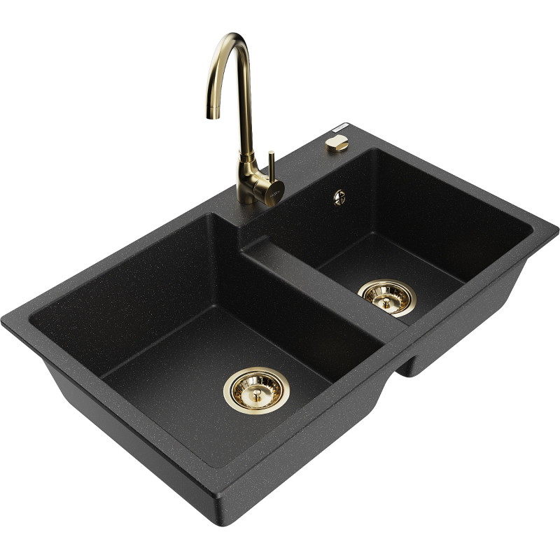 Mexen Tomas 2-fach Granitspüle mit Küchenarmatur Telma, schwarz/silber metallik - 6516-73-670200-50