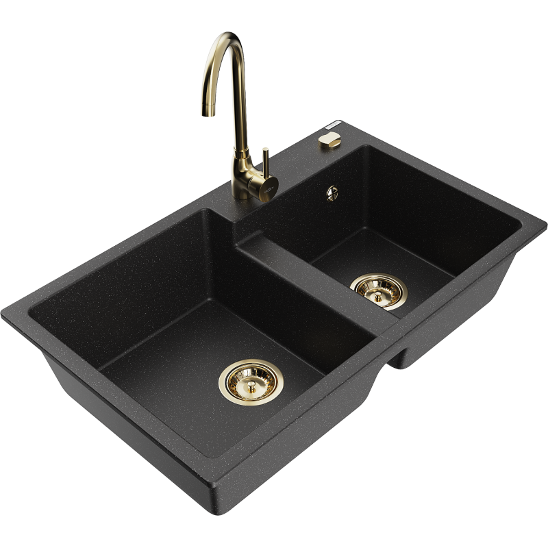 Mexen Tomas Granitspüle 2-Kammer mit Küchenarmatur Telma, schwarz/silber metallic - 6516-73-670200-50