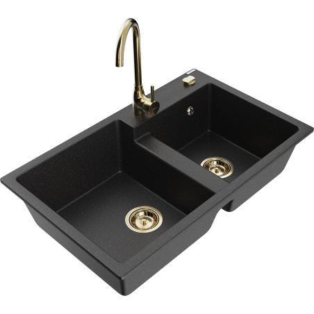 Mexen Tomas 2-fach Granitspüle mit Küchenarmatur Telma, schwarz/silber metallik - 6516-73-670200-50