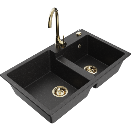 Mexen Tomas Granitspüle 2-Kammer mit Küchenarmatur Telma, schwarz/silber metallic - 6516-73-670200-50