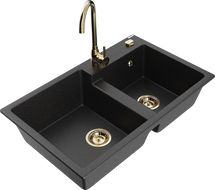 Mexen Tomas Granitspüle 2-Kammer mit Küchenarmatur Telma, schwarz/silber metallic - 6516-73-670200-50