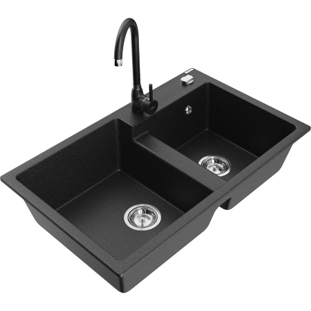 Mexen Tomas 2-Kammer-Granitspüle mit Küchenarmatur Telma, schwarz/silber metallic - 6516-73-670200-70