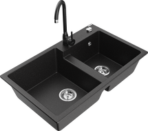 Mexen Tomas Granitspüle 2-Becken mit Küchenarmatur Telma, Schwarz/Silber Metallic - 6516-73-670200-70