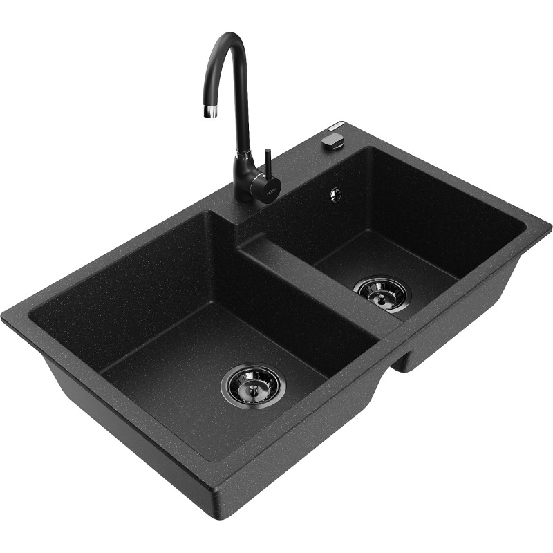 Mexen Tomas Granitspüle mit 2 Becken und Küchenarmatur Telma, schwarz/silber Metallic - 6516-73-670200-70-B