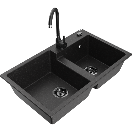 Mexen Tomas Granitspüle 2-Fach mit Küchenarmatur Telma, Schwarz/Silber-Metallic - 6516-73-670200-70-B