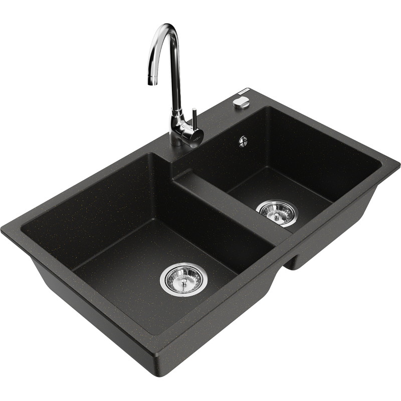 Mexen Tomas Granitspüle 2-becken mit Küchenarmatur Telma, schwarz/gold Metallic - 6516-75-670200-00
