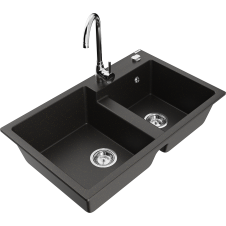Mexen Tomas Granitspüle 2-becken mit Küchenarmatur Telma, schwarz/gold Metallic - 6516-75-670200-00