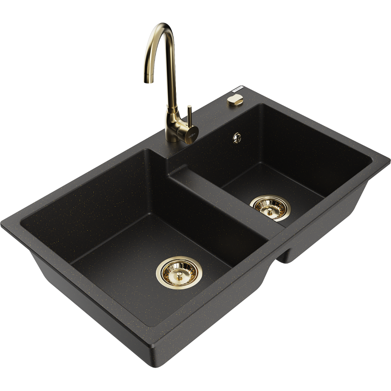 Mexen Tomas Granitspüle 2-becken mit Küchenarmatur Telma, schwarz/gold metallic - 6516-75-670200-50
