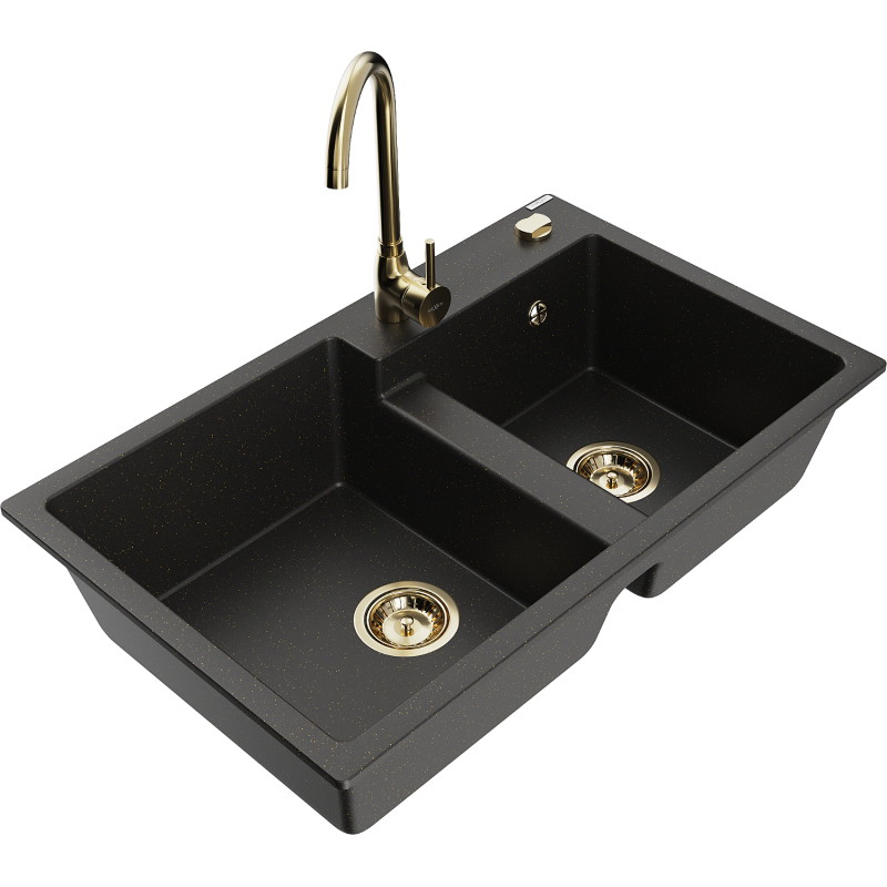 Mexen Tomas Granitspüle 2-Kammer mit Küchenarmatur Telma, schwarz/gold metallic - 6516-75-670200-50