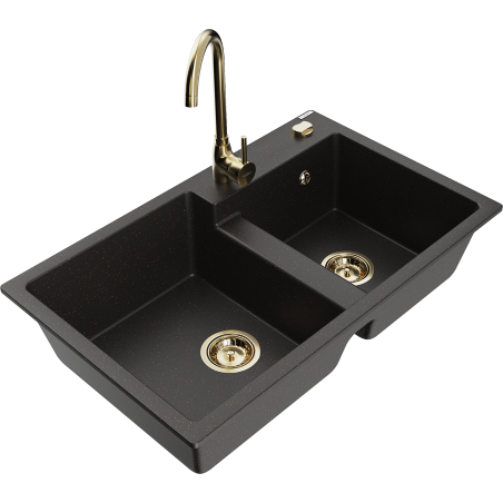 Mexen Tomas Granitspüle 2-becken mit Küchenarmatur Telma, schwarz/gold metallic - 6516-75-670200-50