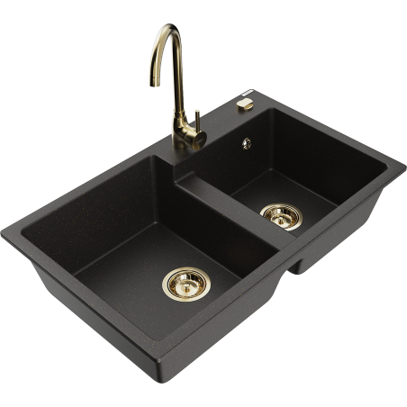 Mexen Tomas Granitspüle 2-Kammer mit Küchenarmatur Telma, schwarz/gold metallic - 6516-75-670200-50