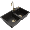 Mexen Tomas Granitspüle 2-Kammer mit Küchenarmatur Telma, schwarz/gold metallic - 6516-75-670200-50