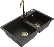 Mexen Tomas Granitspüle 2-becken mit Küchenarmatur Telma, schwarz/gold metallic - 6516-75-670200-50