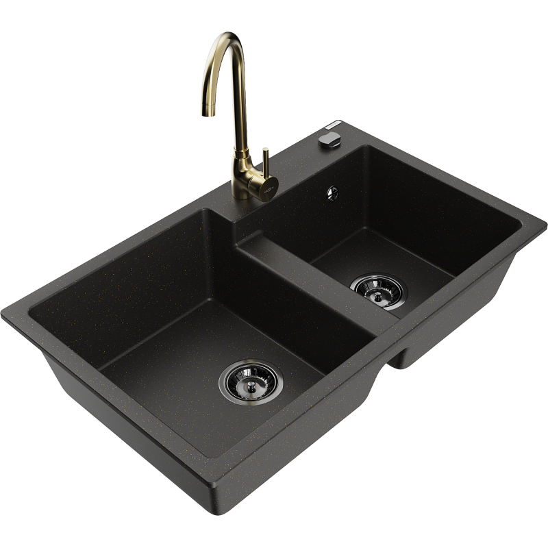 Mexen Tomas Granitspüle 2-Kammern mit Küchenarmatur Telma, schwarz/goldenes Metallic - 6516-75-670200-50-B