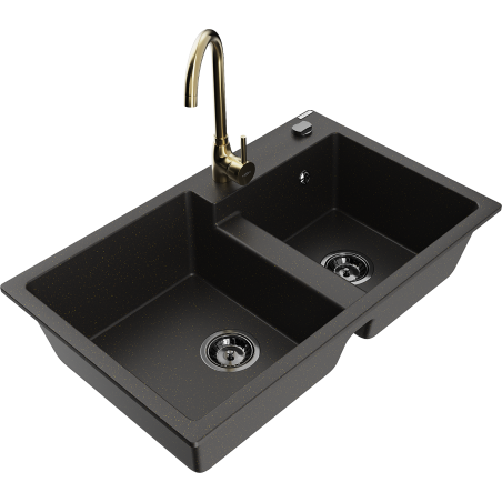 Mexen Tomas Granitspüle 2-Kammern mit Küchenarmatur Telma, schwarz/goldenes Metallic - 6516-75-670200-50-B