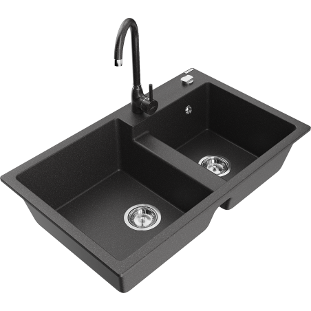 Mexen Tomas 2-Kammer-Graniteinbauspüle mit Küchenarmatur Telma, schwarz gesprenkelt - 6516-76-670200-76