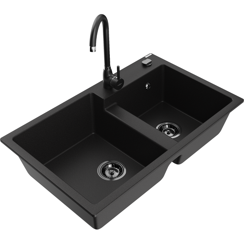 Mexen Tomas Granite-Doppelspüle mit Küchenarmatur Telma, schwarz - 6516-77-670200-70-B