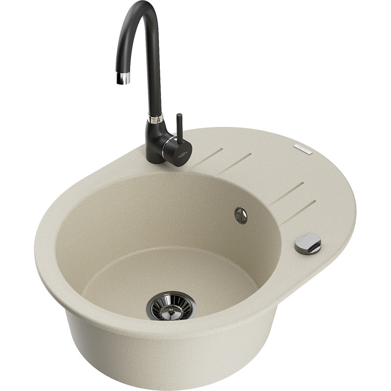 Mexen Kevin Granitspüle 1-beckig mit Abtropffläche und Küchenarmatur Telma, beige - 6517-69-670200-70
