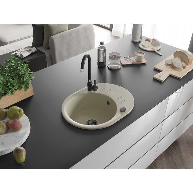 Mexen Kevin Granitspüle 1-Becken mit Abtropffläche und Küchenarmatur Telma, beige - 6517-69-670200-70