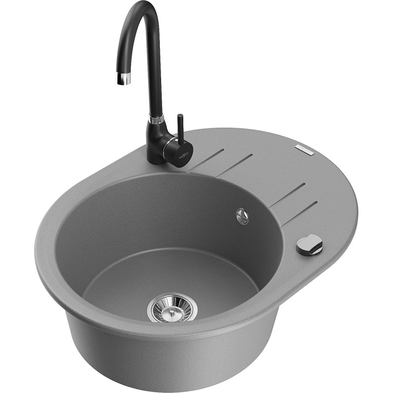 Mexen Kevin Granitspüle 1-becken mit Abtropffläche und Küchenarmatur Telma, grau - 6517-71-670200-70