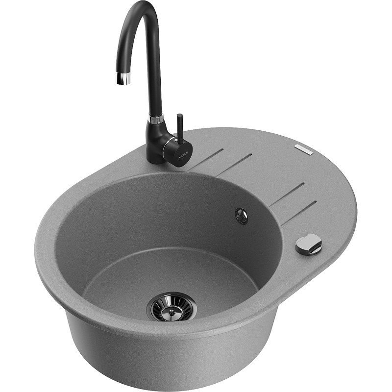Mexen Kevin Granitspüle 1-Becken mit Abtropffläche und Küchenarmatur Telma, grau - 6517-71-670200-70-B