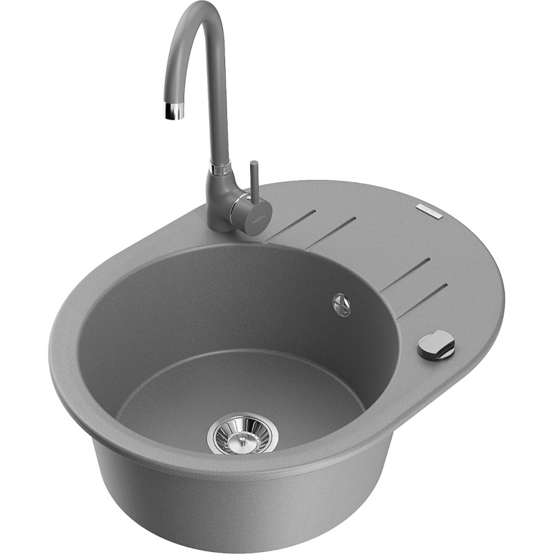 Mexen Kevin Granitspüle 1-Becken mit Abtropffläche und Küchenarmatur Telma, grau - 6517-71-670200-71