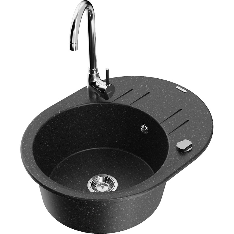 Mexen Kevin Granitspüle 1-Becken mit Abtropffläche und Küchenarmatur Telma, schwarz/silber metallic - 6517-73-670200-00