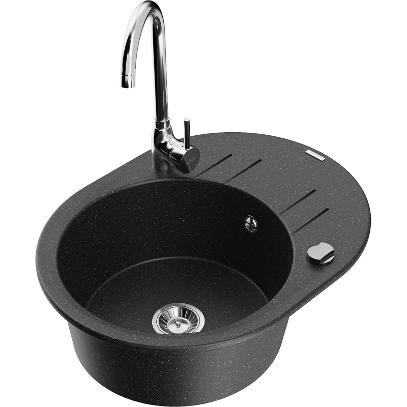 Mexen Kevin Granitspüle einteilig mit Abtropffläche und Küchenarmatur Telma, schwarz/silber-metallic - 6517-73-670200-00